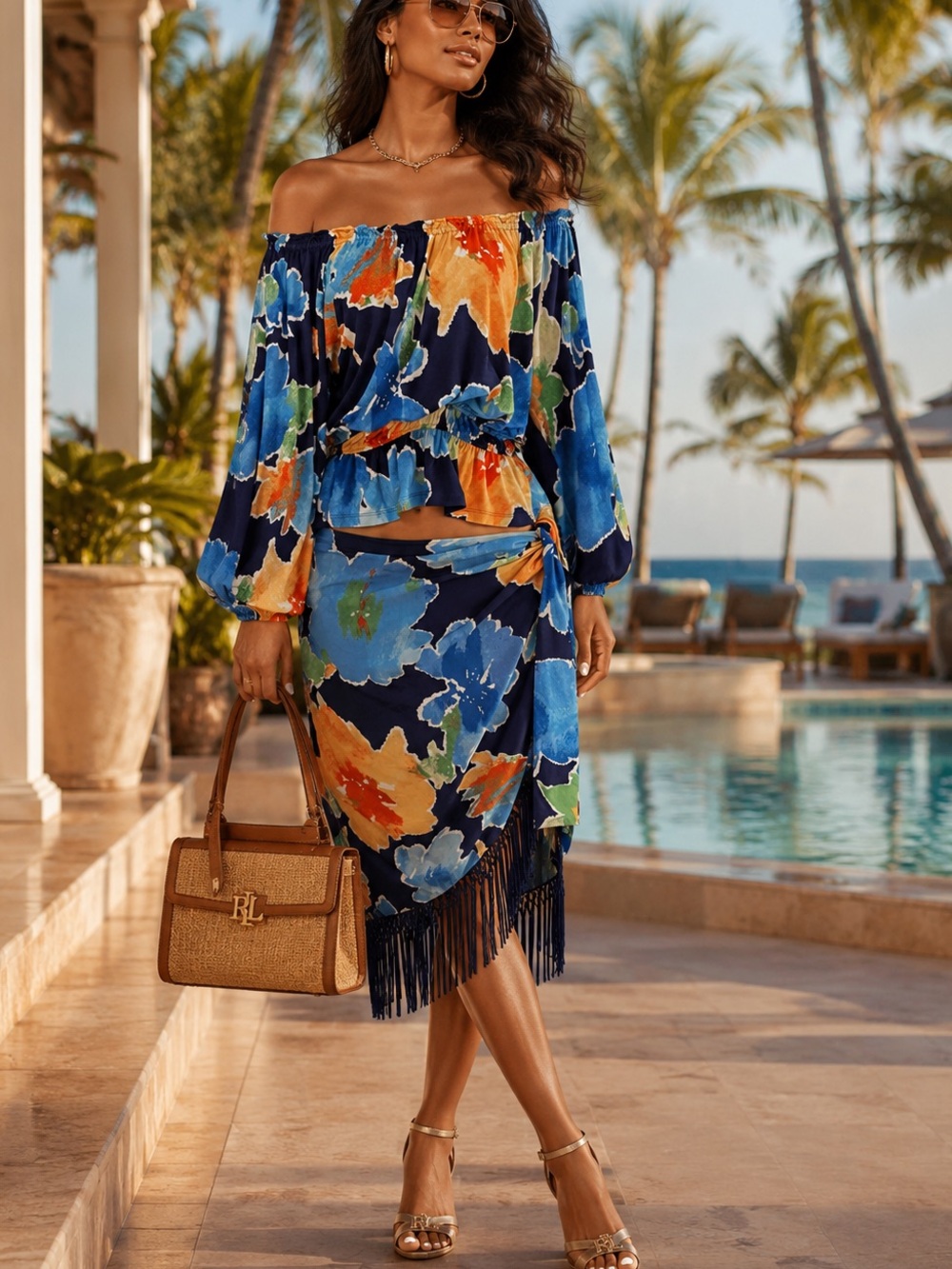 NWT Lauren Ralph Lauren Floral Off Shoulder Top & Fringe Wrap Skirt Set Size 16